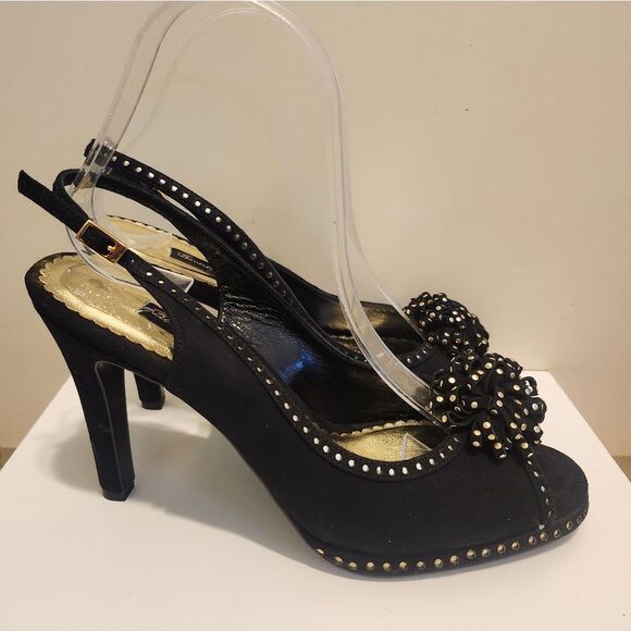 NEW Beverly Feldman Black Suede w/ Gold Studs Peep Toe Slingback Pumps sz.8 $275 - Picture 6 of 11